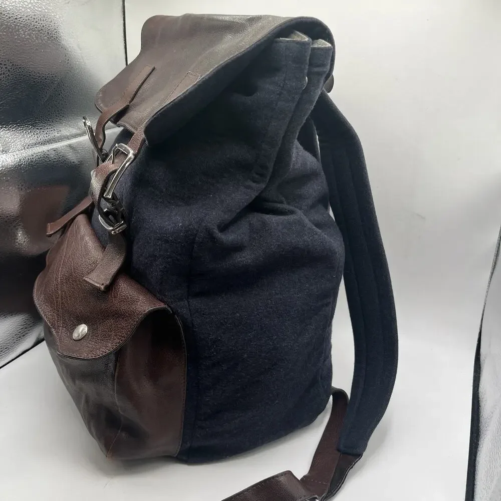 Brunello Cucinelli travel backpack Brown Leather Blue Wool Vintage Italy Rare